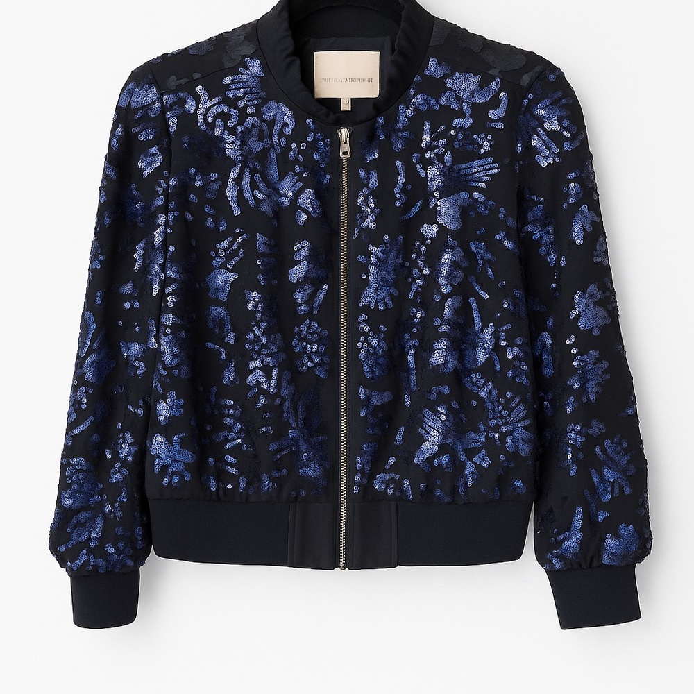 Rebecca Taylor Black Sequin Bomber Jacket Size M Sparkle Party